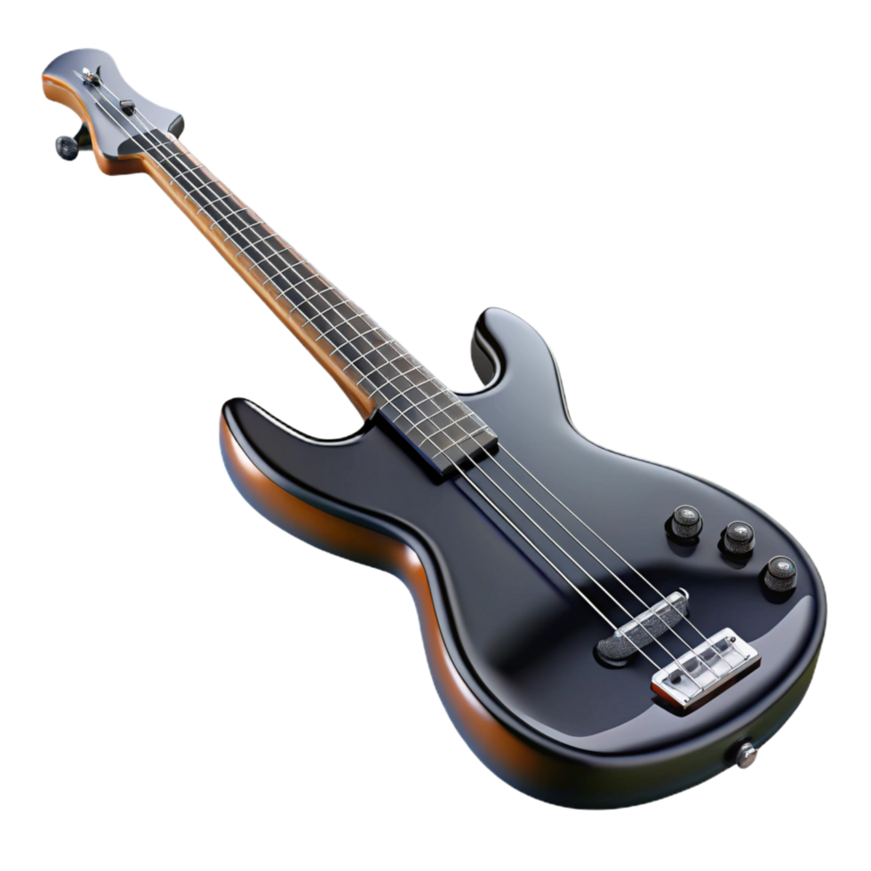 dreamy vibrant Electric bass guitar, glossy black finish, chrome hardware, studio lighting, detaileillustration, isolateon transparent background,high-resolution product photography artisan png
