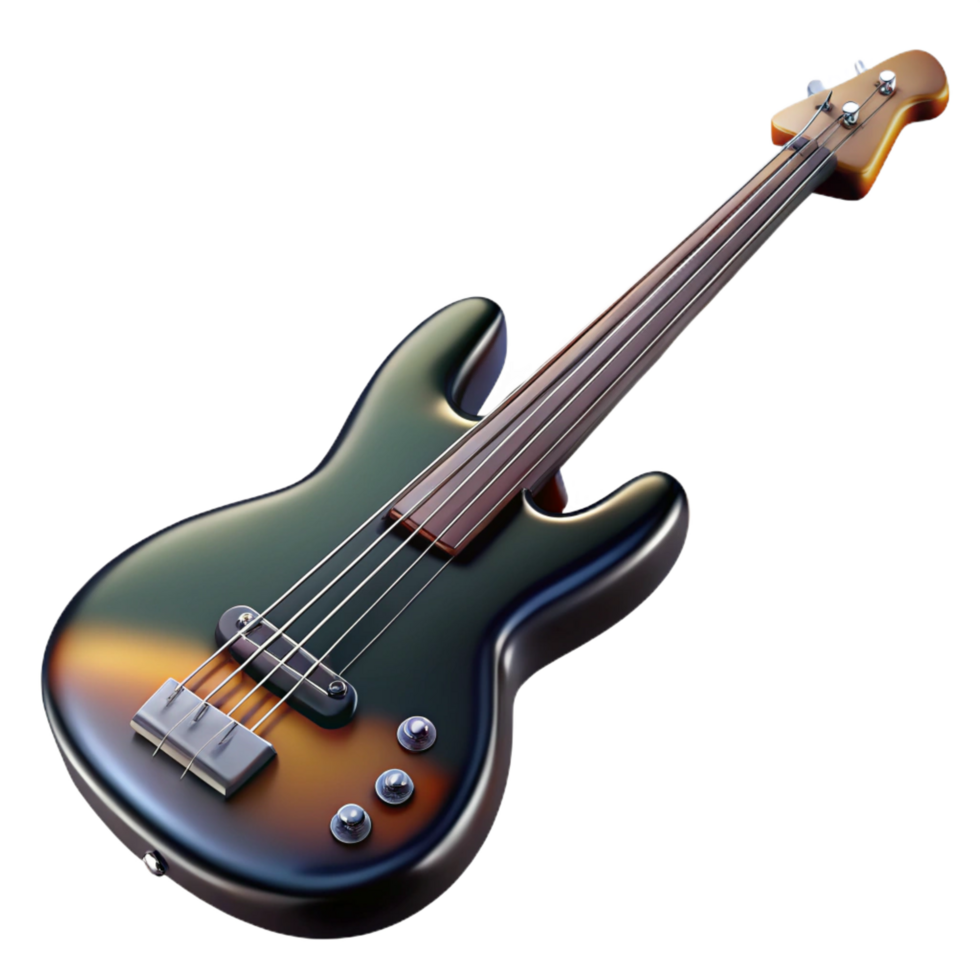 gorgeous timeless Electric bass guitar, glossy black finish, chrome hardware, studio lighting, detaileillustration, isolateon transparent background,high-resolution product photography png