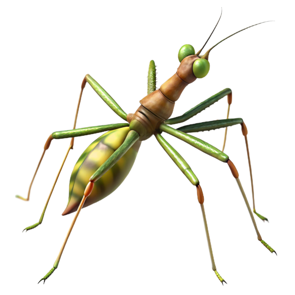 acclaimetraditional Stick insect with camouflage coloring, long thin body, detailelegs, dramatic lighting, side view, render, isolateon transparent background,high-resolution product photography 4K png