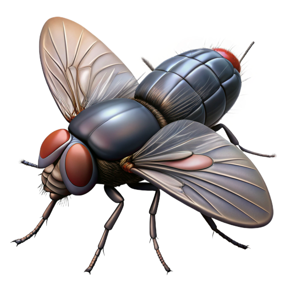 elegant exemplary Housefly with transparent wings, dark body, hairy legs, realistic textures, dramatic lighting, side view, render, isolateon transparent background,high-resolution product photography png