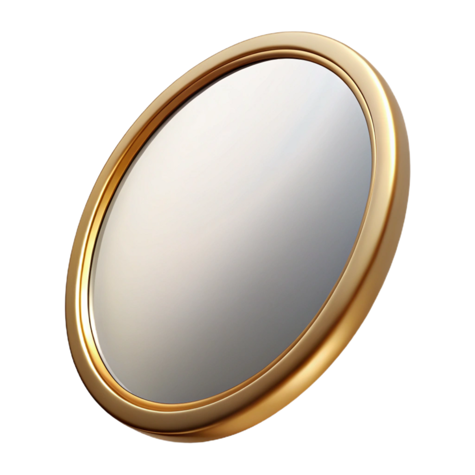 vibrant standout Oval wall mirror with a thin, brushegolmetal frame, glossy finish, soft lighting, front view, icon style, isolateon transparent background,high-resolution product photography png