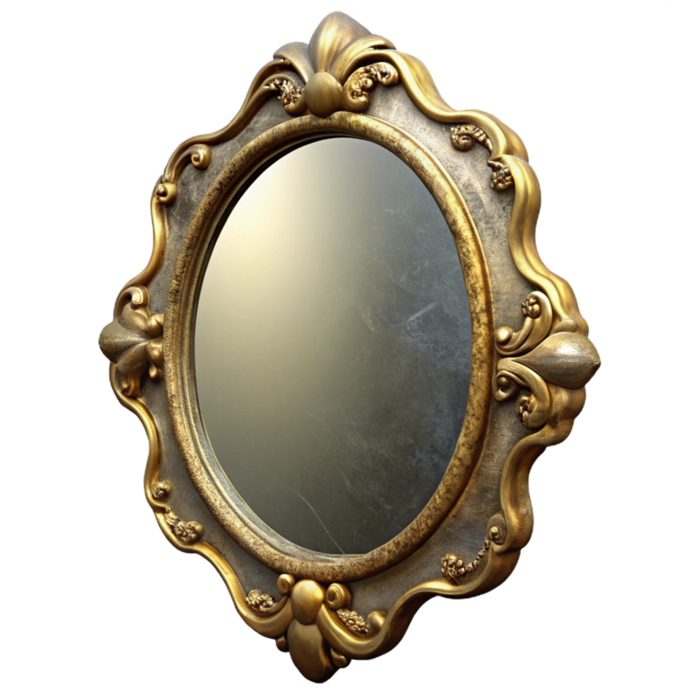 magnificent contemporary Antique mirror with a distressegolframe, visible wear antear, soft lighting, front view, isolateon transparent background,high-resolution product photography museum quality png