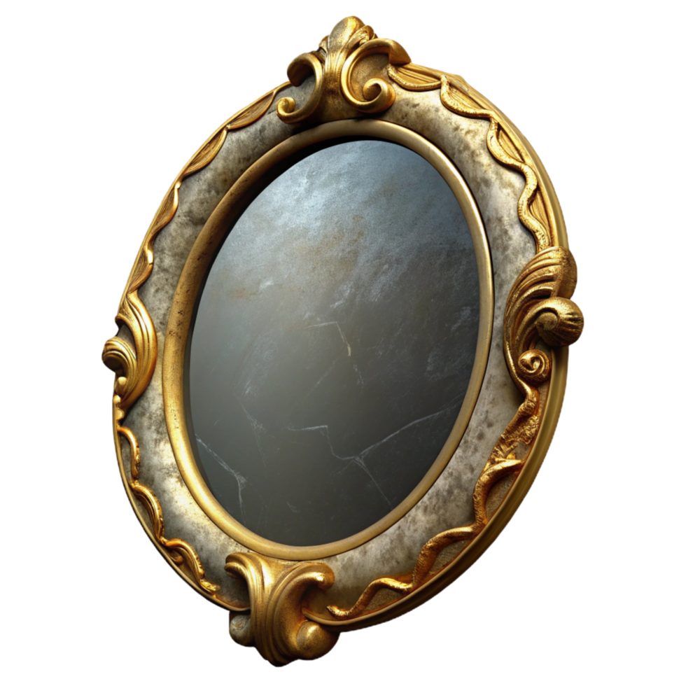 gorgeous urban Antique mirror with a distressegolframe, visible wear antear, soft lighting, front view, isolateon transparent background,high-resolution product photography gallery standard png