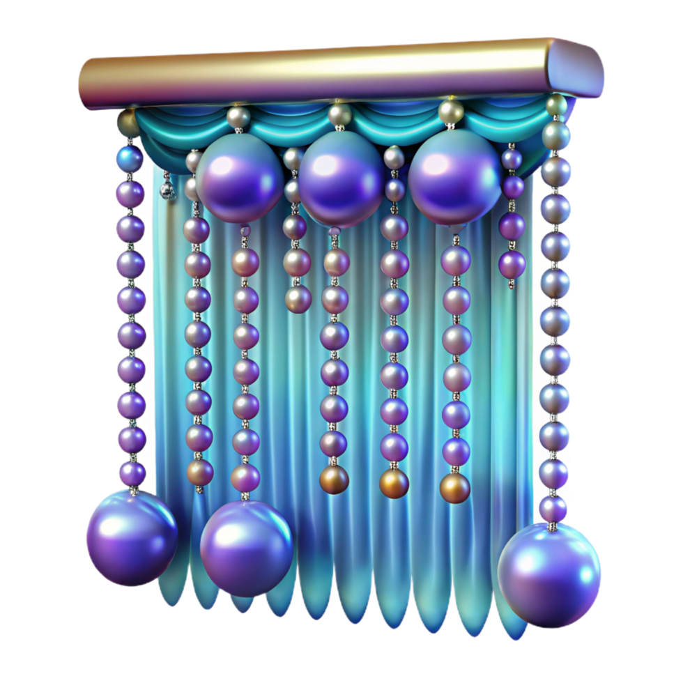dramatic exceptional Beadecurtain with iridescent beads, sparkling effect, dramatic lighting, front view, isolateon transparent background,high-resolution product photography png