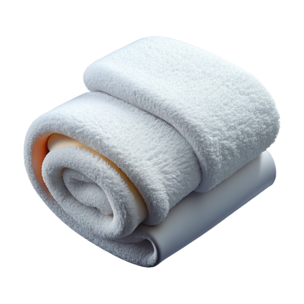 melancholic sumptuous Fluffy white bath towel, thick terry cloth, soft lighting, foldeneatly, isolateon transparent background,high-resolution product photography expertly shot png