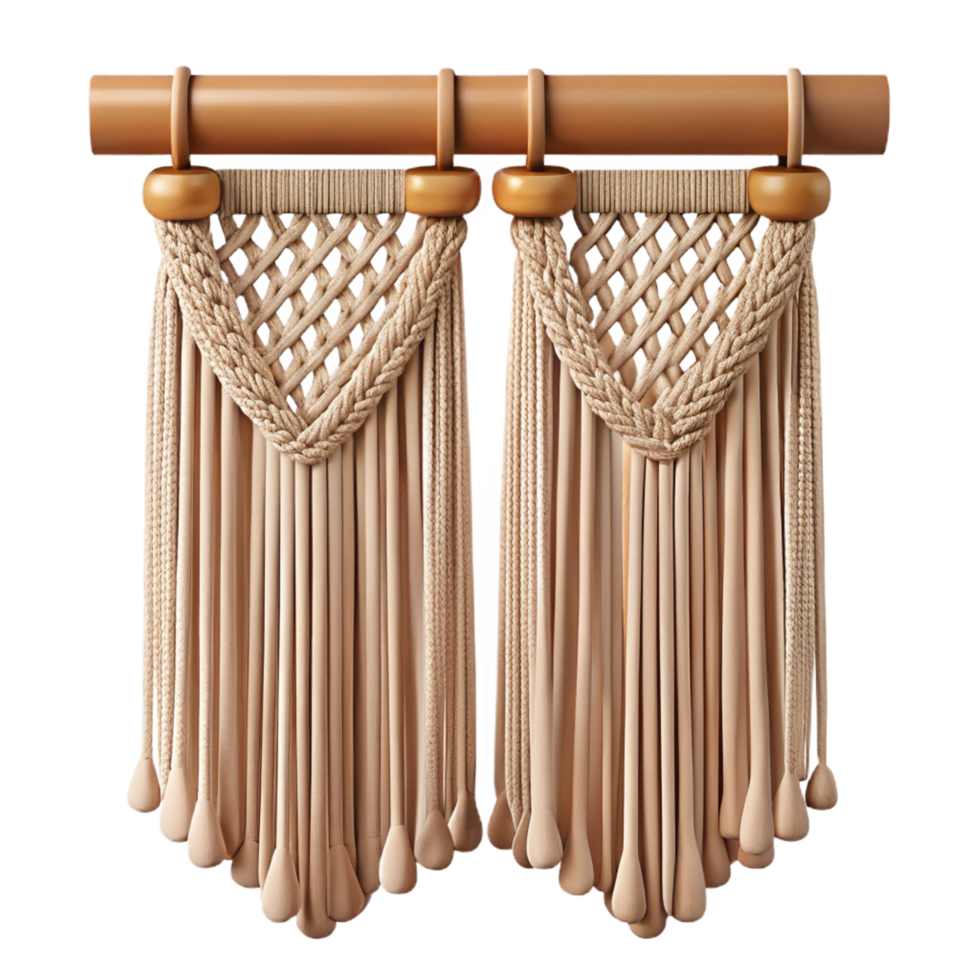 pristine futuristic Macrame curtain with knottecotton cords, bohemian style, soft lighting, front view, isolateon transparent background,high-resolution product photography handcrafted png