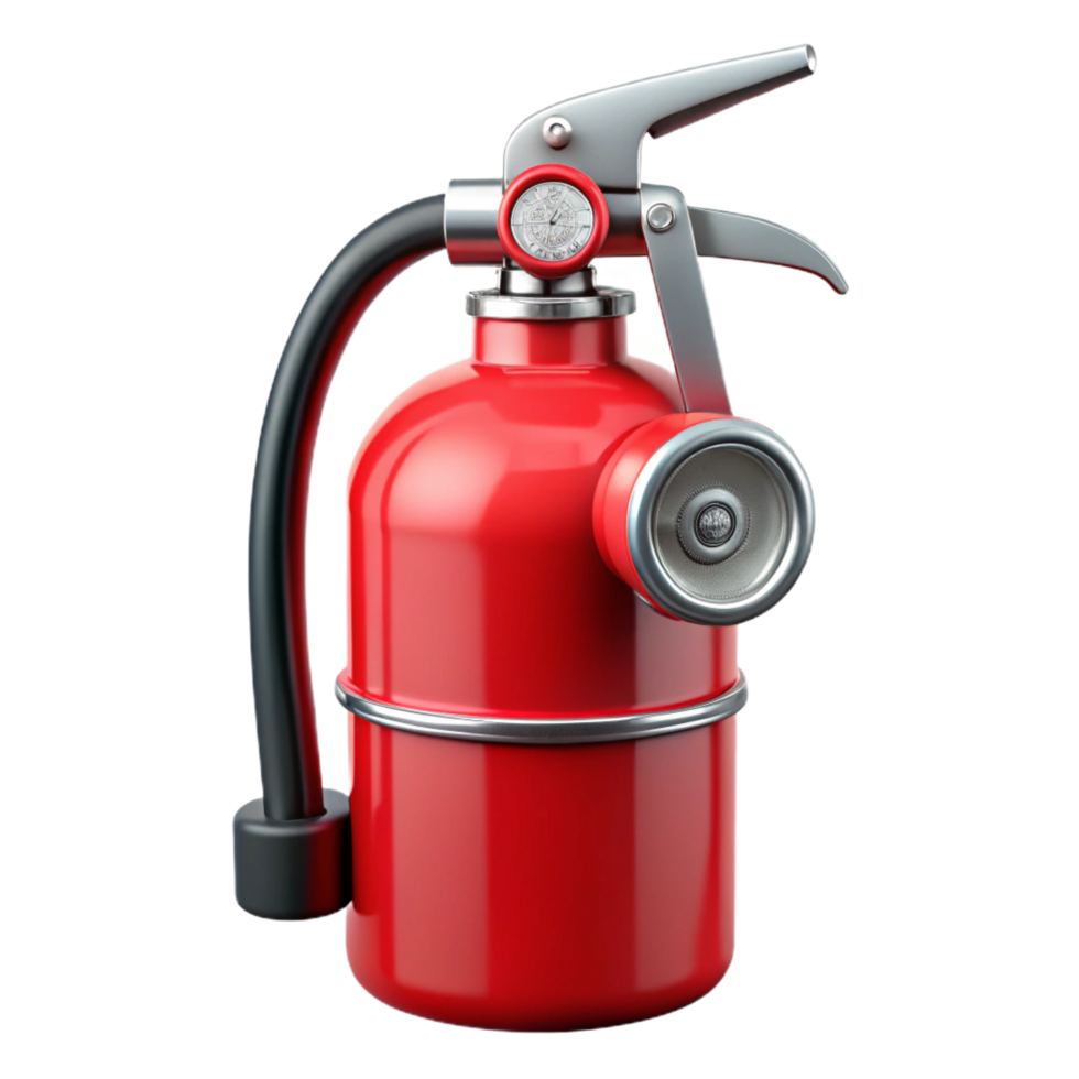 bolenchanting A bright refire extinguisher with a metal nozzle anpressure gauge, glossy finish, front view, studio lighting, isolateon transparent background,high-resolution product photography luxury png