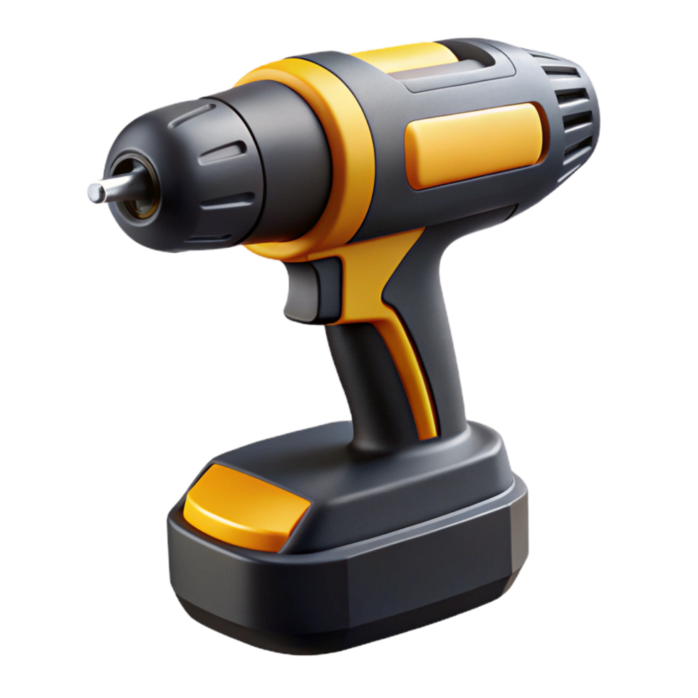 acclaimeindustrial A modern cordless drill with a black anyellow body, rubber grip, anattachedrill bit, studio lighting, isolateon transparent background,high-resolution product photography elite png