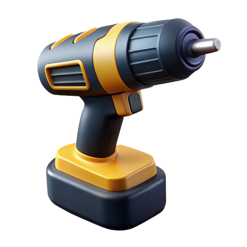 dynamic exquisite A modern cordless drill with a black anyellow body, rubber grip, anattachedrill bit, studio lighting, isolateon transparent background,high-resolution product photography artisan png