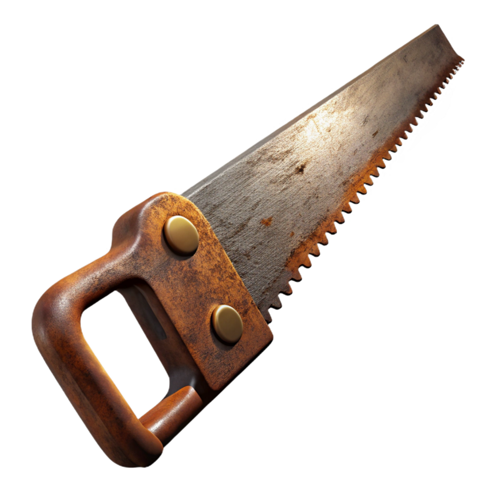 dazzling unparalleleA rusty antique hansaw with a wooden handle anworn teeth, dramatic lighting, side view, isolateon transparent background,high-resolution product photography png