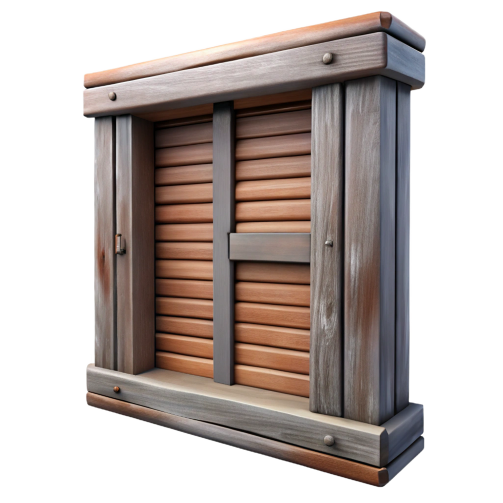 iconic industrial Wooden window shutter, weatherepaint, rustic style, dramatic lighting, side view, render, isolateon transparent background,high-resolution product photography elite png