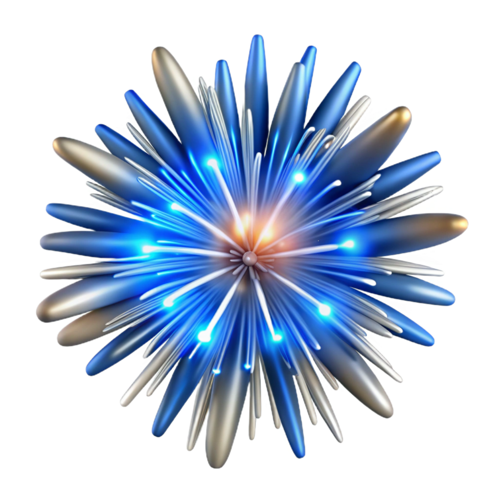 iconic urban Exploding firework, burst of vibrant blue ansilver sparks, intricate details, photorealistic, front view, isolateon transparent background,high-resolution product photography professional png