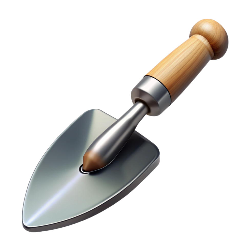 whimsical magnificent Gardening trowel with a wooden handle ana polishemetal blade, soft lighting, top-down view, isolateon transparent background,high-resolution product photography museum quality png
