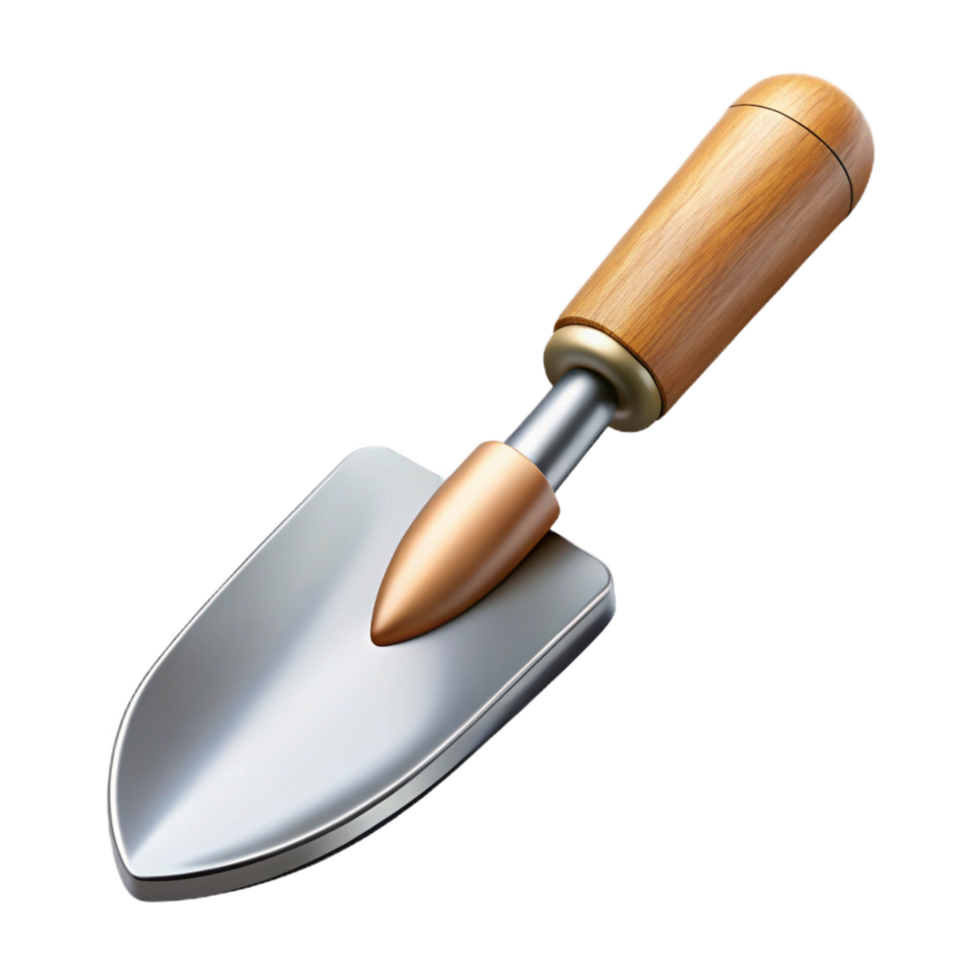 exemplary bohemian Gardening trowel with a wooden handle ana polishemetal blade, soft lighting, top-down view, isolateon transparent background,high-resolution product photography professional png