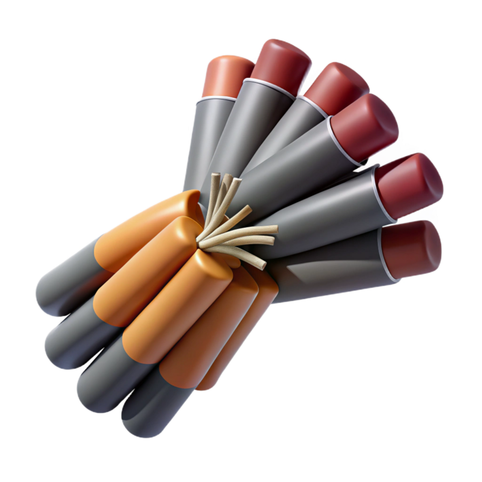 alluring iconic Bundle of firework fuses, intertwinestrands, brown angrey colors, textured, close-up, isolateon transparent background,high-resolution product photography png
