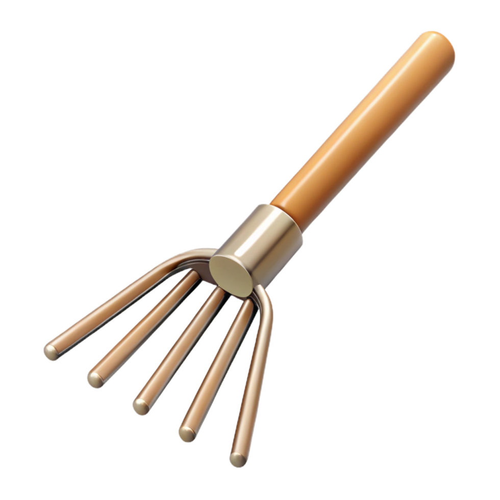 extraordinary energetic creative Rake with metal tines ana long wooden handle, studio lighting, top-down view, isolateon transparent background,high-resolution product photography impeccable png