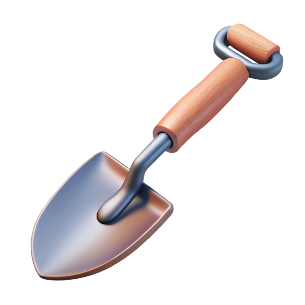 spectacular dynamic art deco Shovel with a wooden handle ana pointemetal blade, soft lighting, side view, isolateon transparent background,high-resolution product photography masterfully captured png