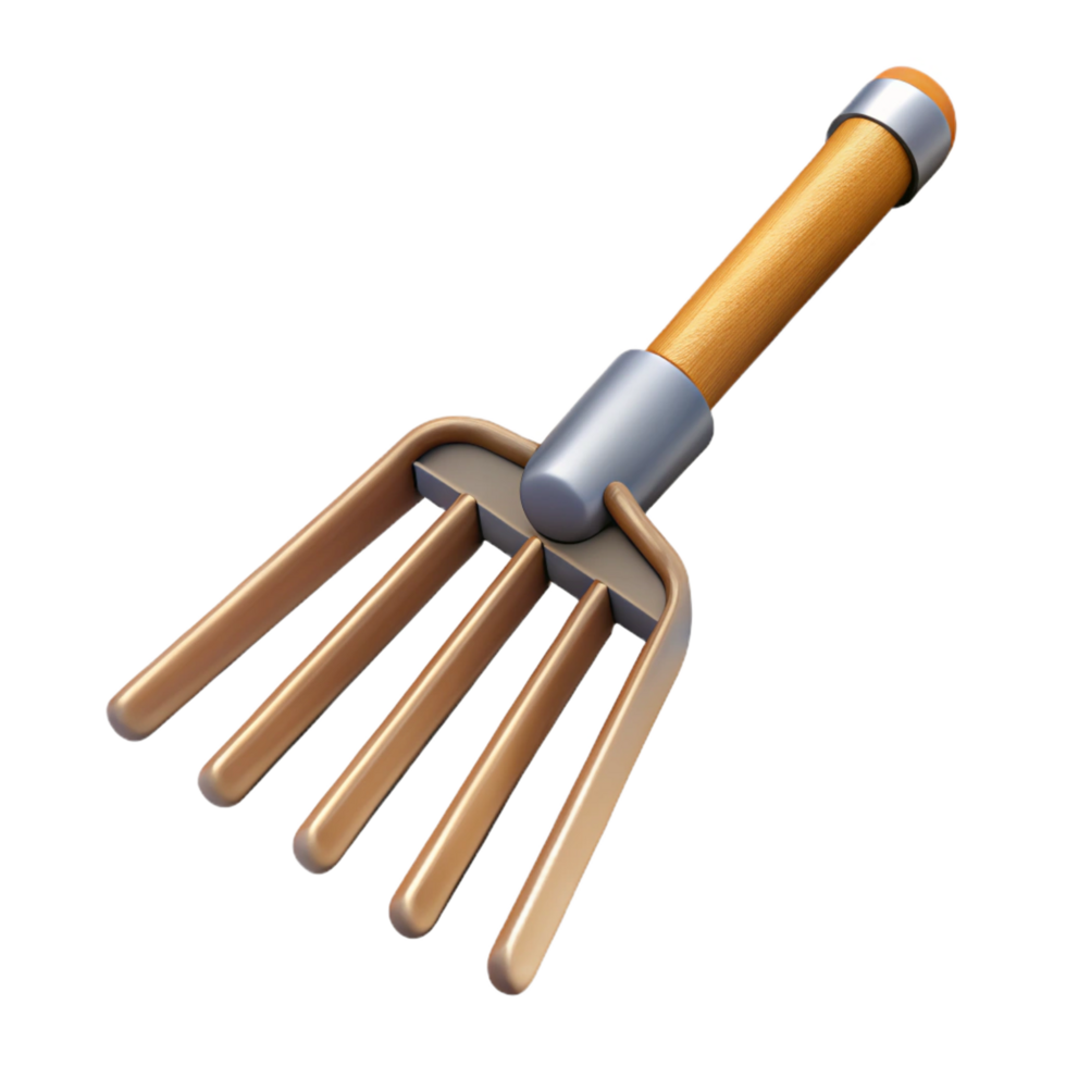 striking geometric Rake with metal tines ana long wooden handle, studio lighting, top-down view, isolateon transparent background,high-resolution product photography crisp png