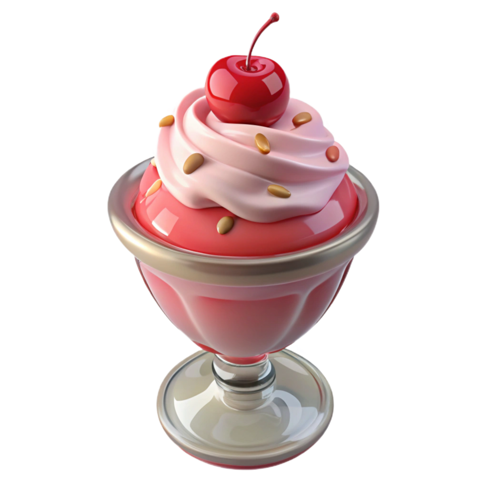 enchanting rare A strawberry ice cream sundae with whippecream ana cherry, top-down view, studio lighting, photorealistic, isolateon transparent background,high-resolution product photography png