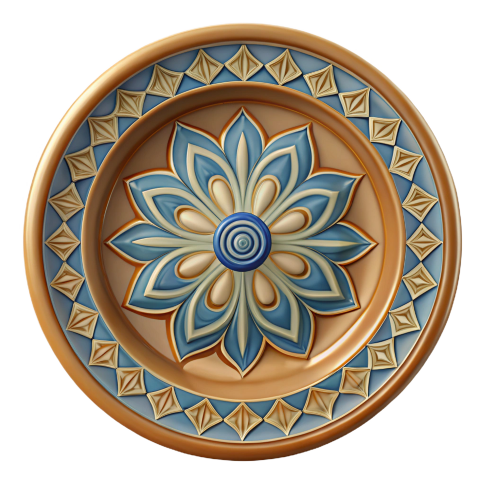 elegant distinctive Decorative plate, round, ceramic, hand-paintegeometric pattern, matte finish, top-down view, isolateon transparent background png