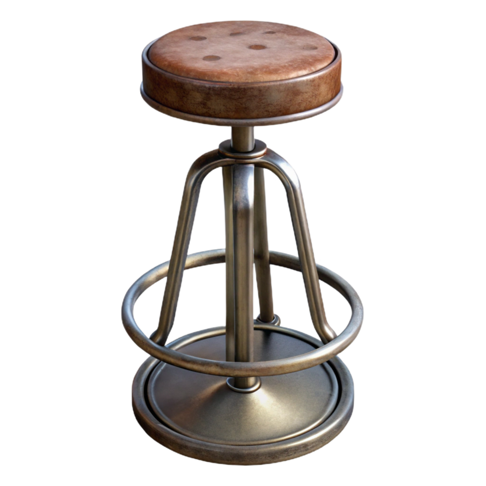 tranquil striking Metal bar stool, industrial style, distressefinish, studio lighting, side view, isolateon transparent background,high-resolution product photography precision png