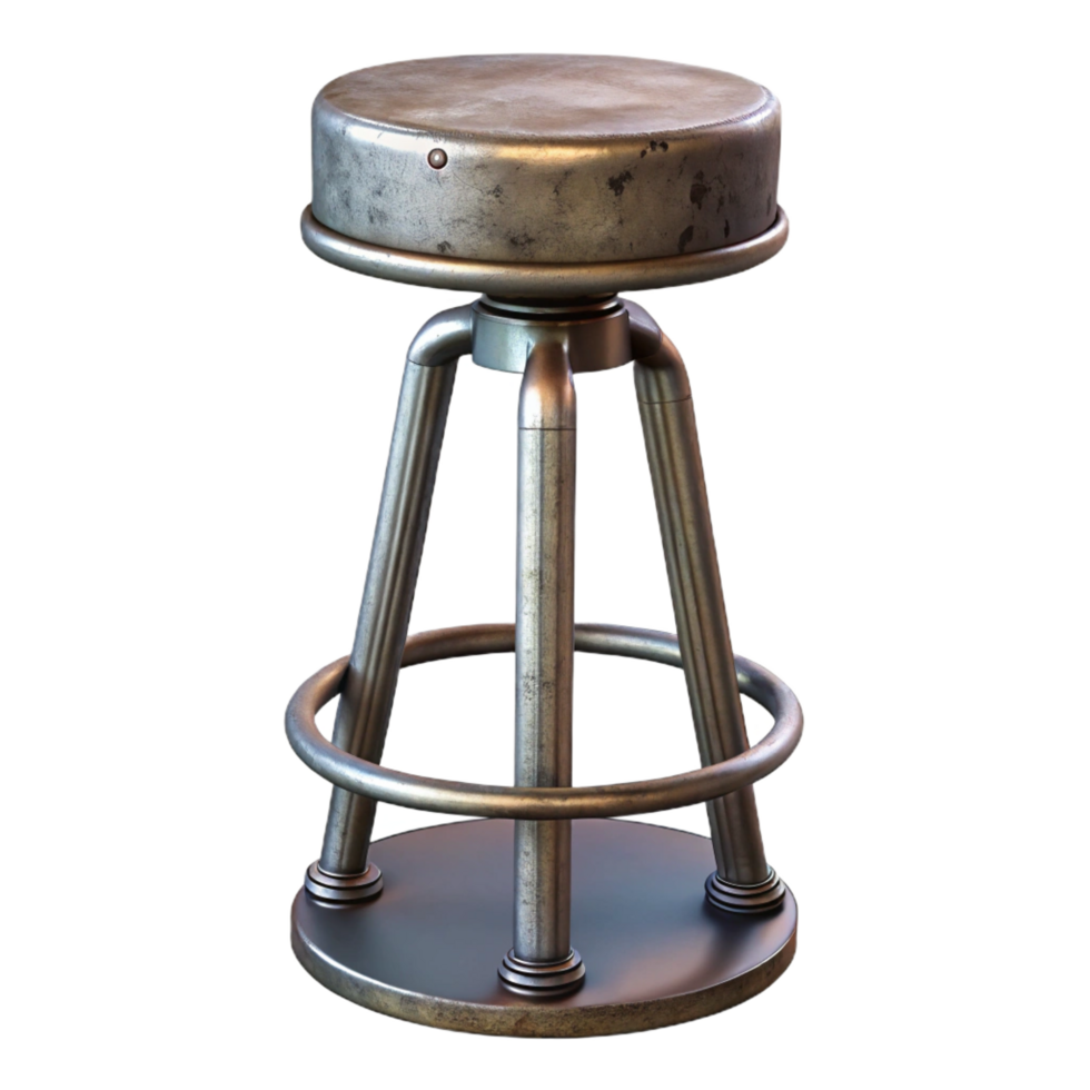 hypnotic passionate minimalist Metal bar stool, industrial style, distressefinish, studio lighting, side view, isolateon transparent background,high-resolution product photography refined png