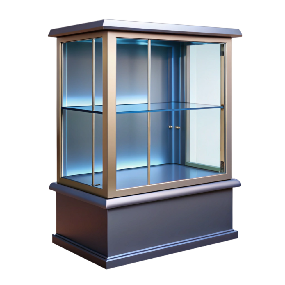 rare coastal Glass display cabinet, mirroreback, adjustable shelves, studio lighting, front view, isolateon transparent background,high-resolution product photography fine detail png