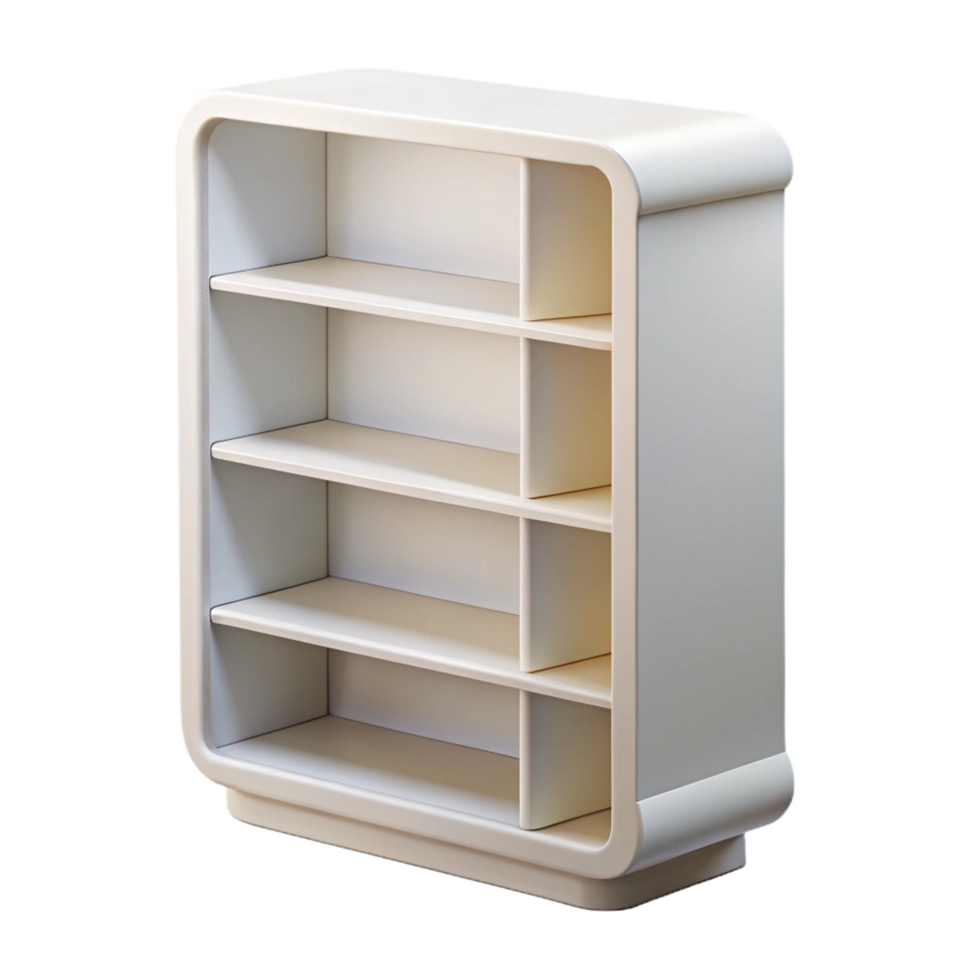 whimsical alluring Modern bookshelf, minimalist design, white lacquer finish, studio lighting, front view, isolateon transparent background,high-resolution product photography authentic png