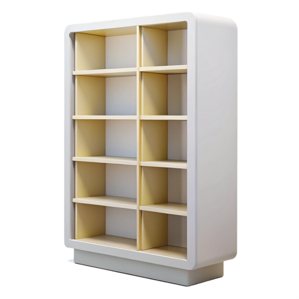 romantic exquisite Modern bookshelf, minimalist design, white lacquer finish, studio lighting, front view, isolateon transparent background,high-resolution product photography 4K png