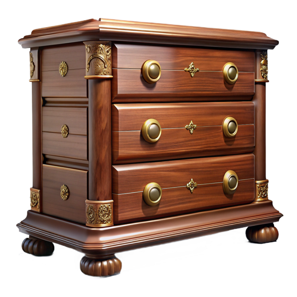 magnificent gothic Antique wooden chest of drawers, carvedetails, brass handles, dramatic lighting, isolateon transparent background,high-resolution product photography flawless png