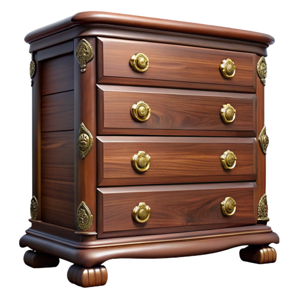 pristine organic Antique wooden chest of drawers, carvedetails, brass handles, dramatic lighting, isolateon transparent background,high-resolution product photography genuine png