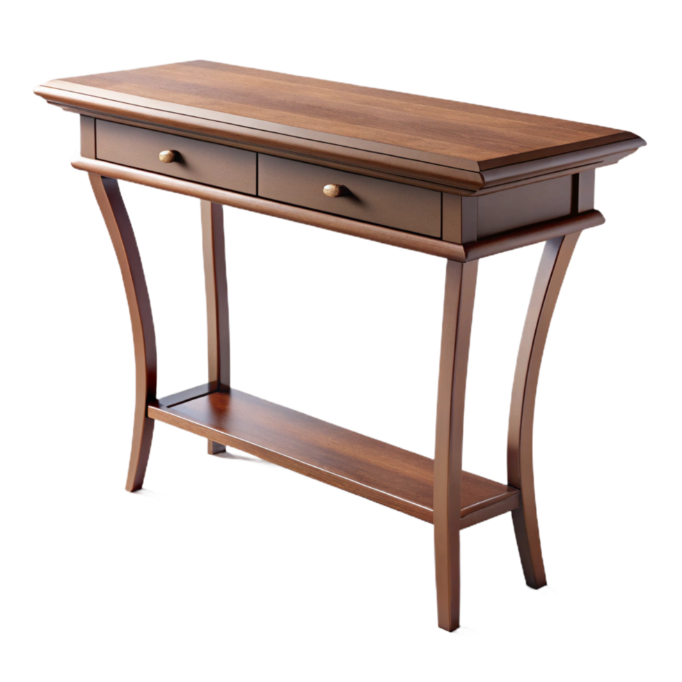 picturesque traditional Wooden console table, slim design, metal legs, matte finish, soft lighting, side view, isolateon transparent background,high-resolution product photography flawless png