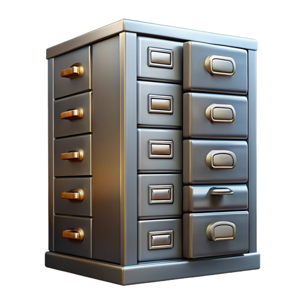 iconic nordic Metal filing cabinet, industrial style, multiple drawers, studio lighting, side view, isolateon transparent background,high-resolution product photography impeccable png