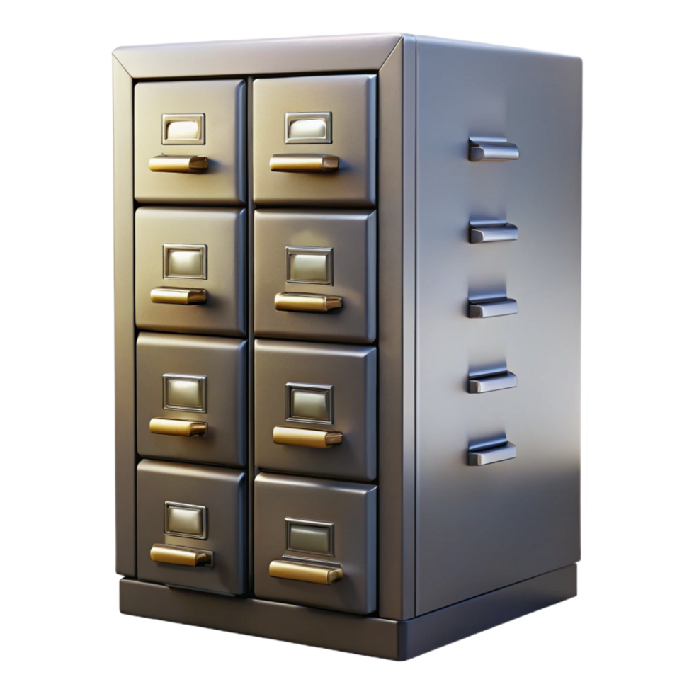 fascinating celebrateMetal filing cabinet, industrial style, multiple drawers, studio lighting, side view, isolateon transparent background,high-resolution product photography png