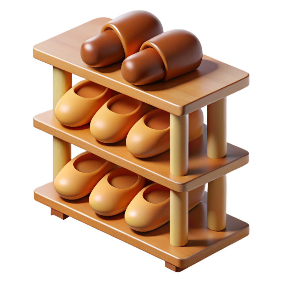 enchanting tranquil futuristic Wooden shoe rack, multiple tiers, natural finish, soft lighting, isolateon transparent background,high-resolution product photography flawless png