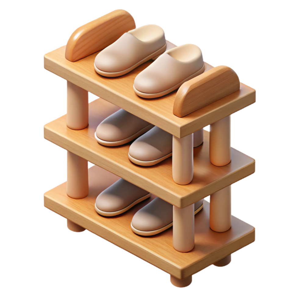 exquisite geometric Wooden shoe rack, multiple tiers, natural finish, soft lighting, isolateon transparent background,high-resolution product photography authentic png