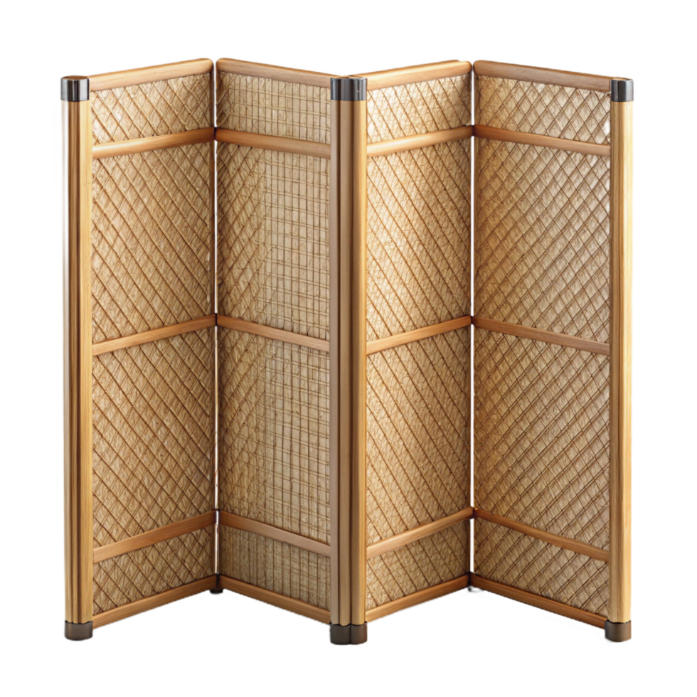 striking unforgettable Bamboo room divider, woven panels, natural finish, soft lighting, isolateon transparent background,high-resolution product photography png