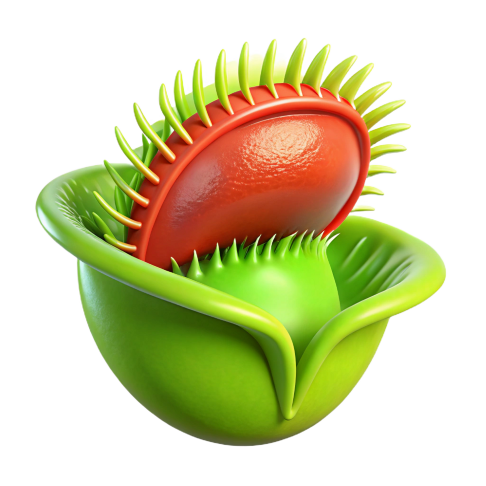 striking sought-after Single, closeVenus flytrap, vibrant green with reinterior, detailehairs, dramatic lighting, front view, isolateon transparent background,high-resolution product photography png