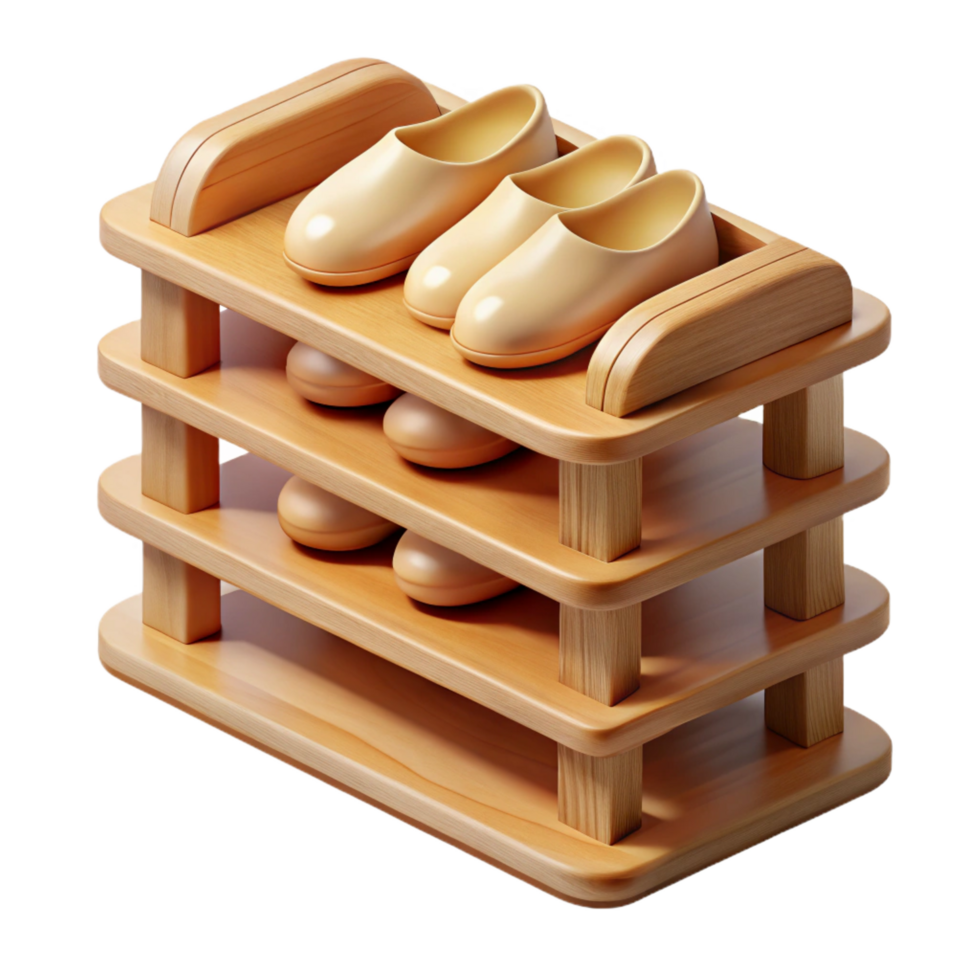 acclaimeimpressionist Wooden shoe rack, multiple tiers, natural finish, soft lighting, isolateon transparent background,high-resolution product photography artisan png