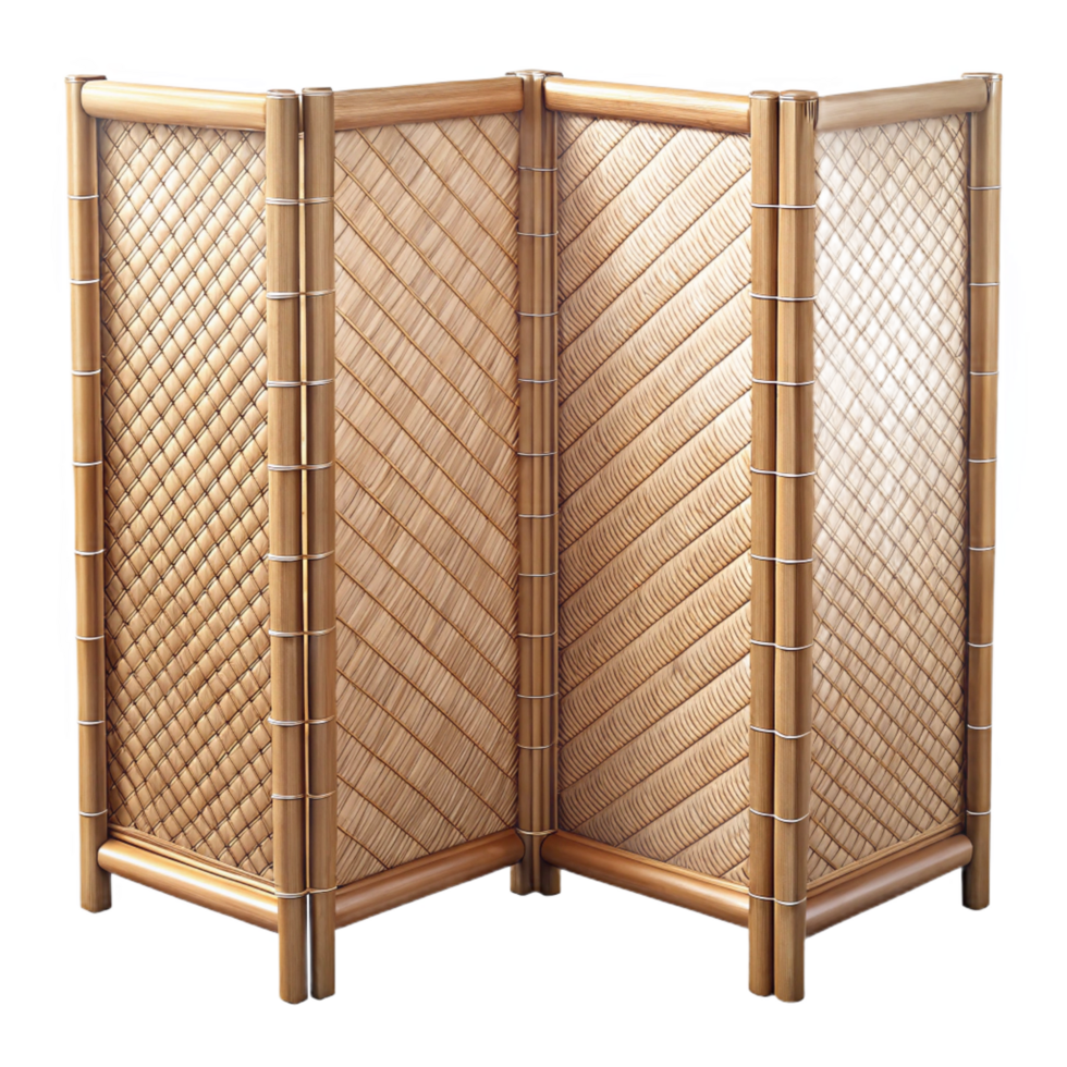 serene distinguisheBamboo room divider, woven panels, natural finish, soft lighting, isolateon transparent background,high-resolution product photography png
