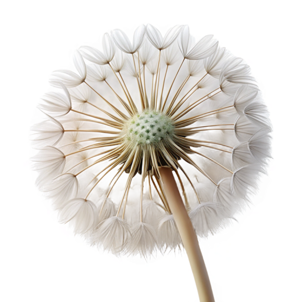 remarkable retro Single dandelion seehead, white, detaileseeds, soft lighting, front view, with transparent background,high-resolution product photography elite png