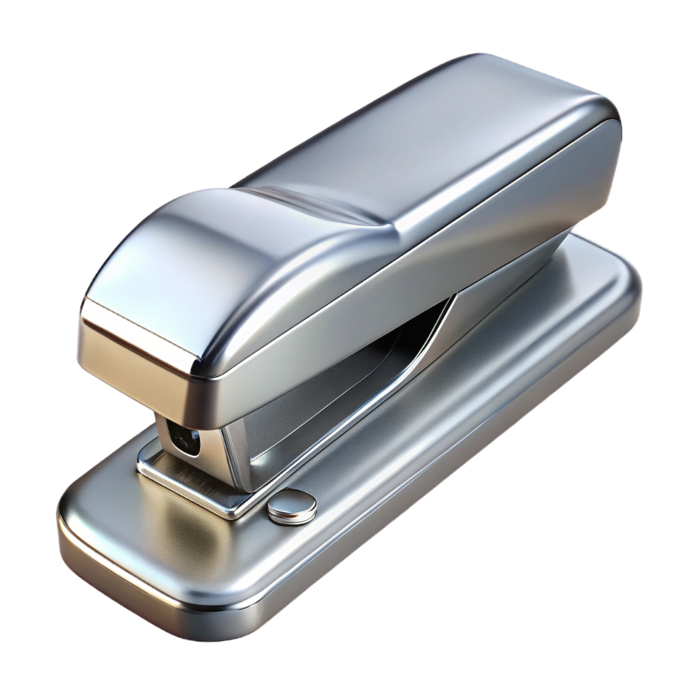 fascinating celebrateStapler, metallic silver, slightly worn, top-down view, studio lighting, product shot, isolateon transparent background,high-resolution product photography png
