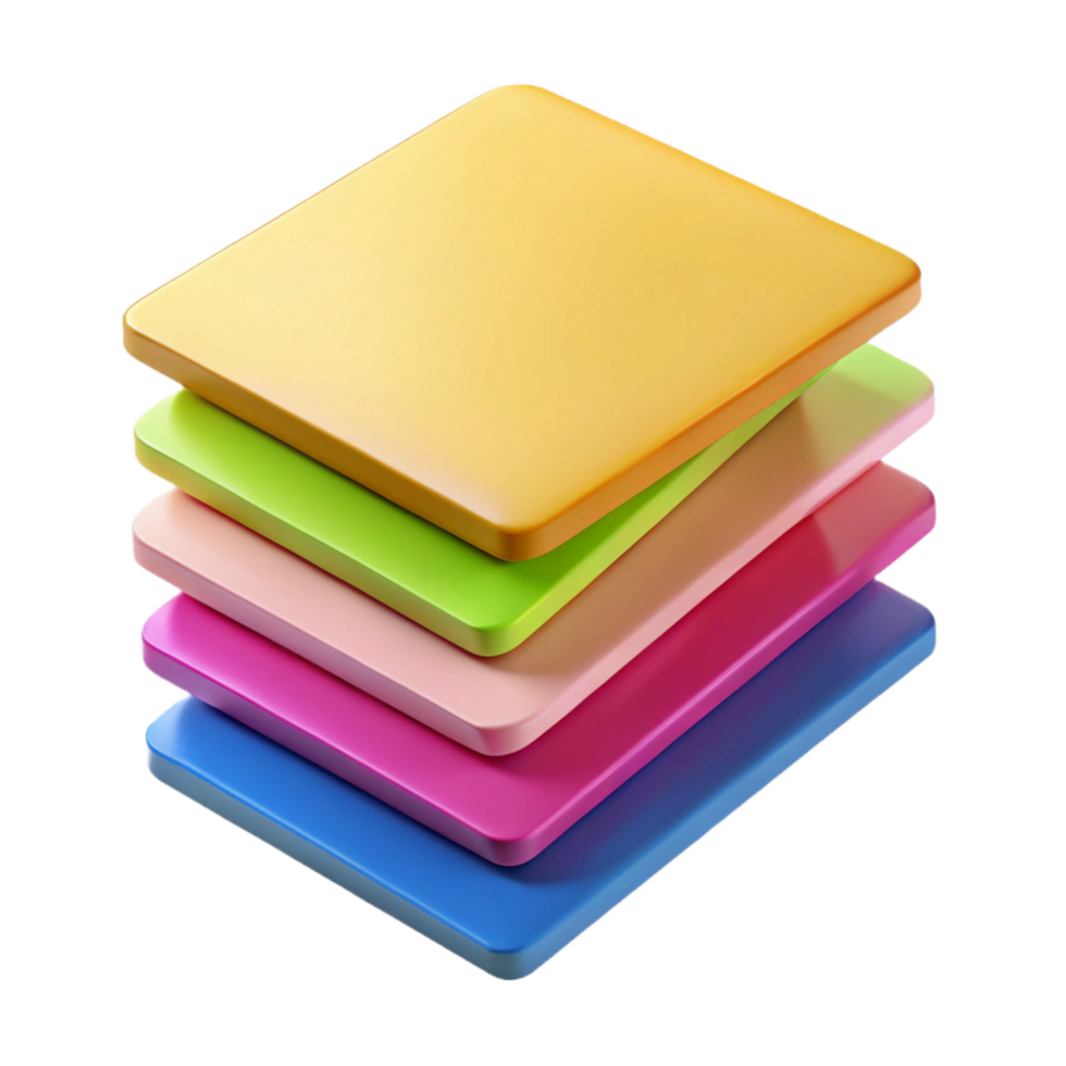 mesmerizing notable Stack of multi-coloresticky notes, neatly aligned, top-down view, studio lighting, product shot, isolateon transparent background,high-resolution product photography png