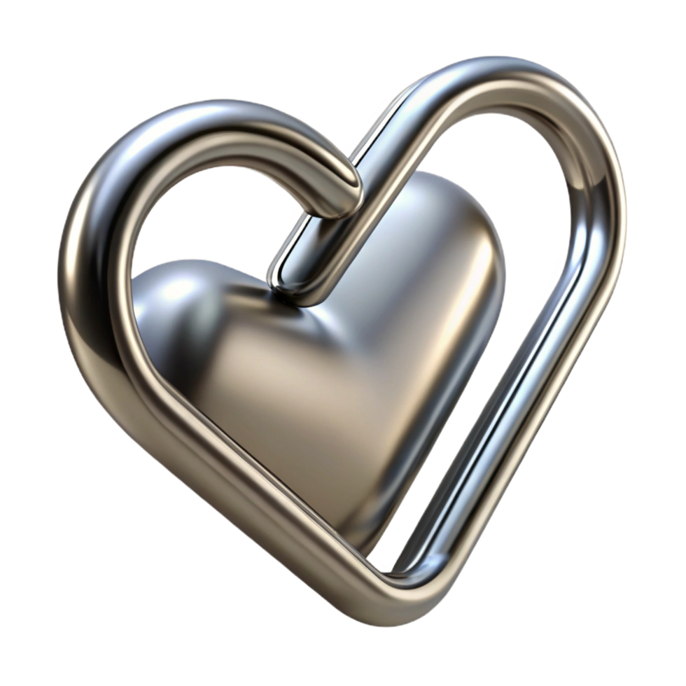 nostalgic extraordinary Paperclip, metallic silver, bent into a heart shape, front view, studio lighting, product shot, isolateon transparent background,high-resolution product photography luxury png