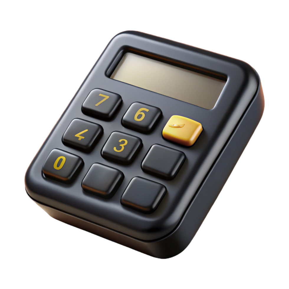 acclaimeurban Calculator, solar powered, black plastic, displaying , front view, soft lighting, product shot, isolateon transparent background,high-resolution product photography 8K png