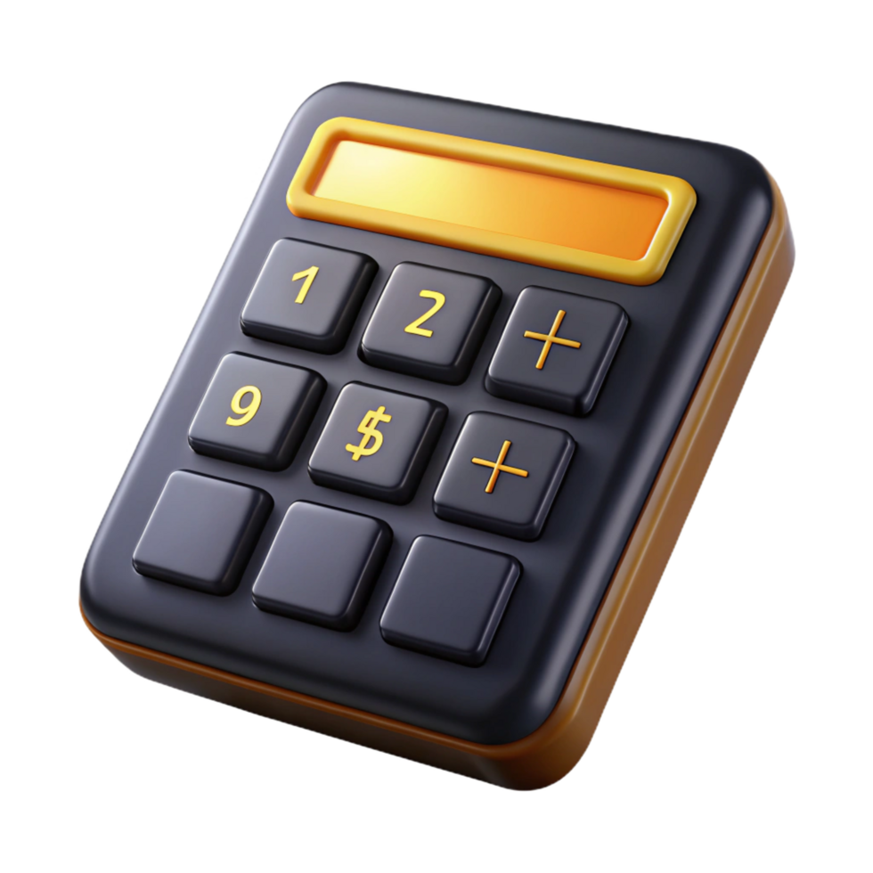 distinctive industrial Calculator, solar powered, black plastic, displaying , front view, soft lighting, product shot, isolateon transparent background,high-resolution product photography precision png