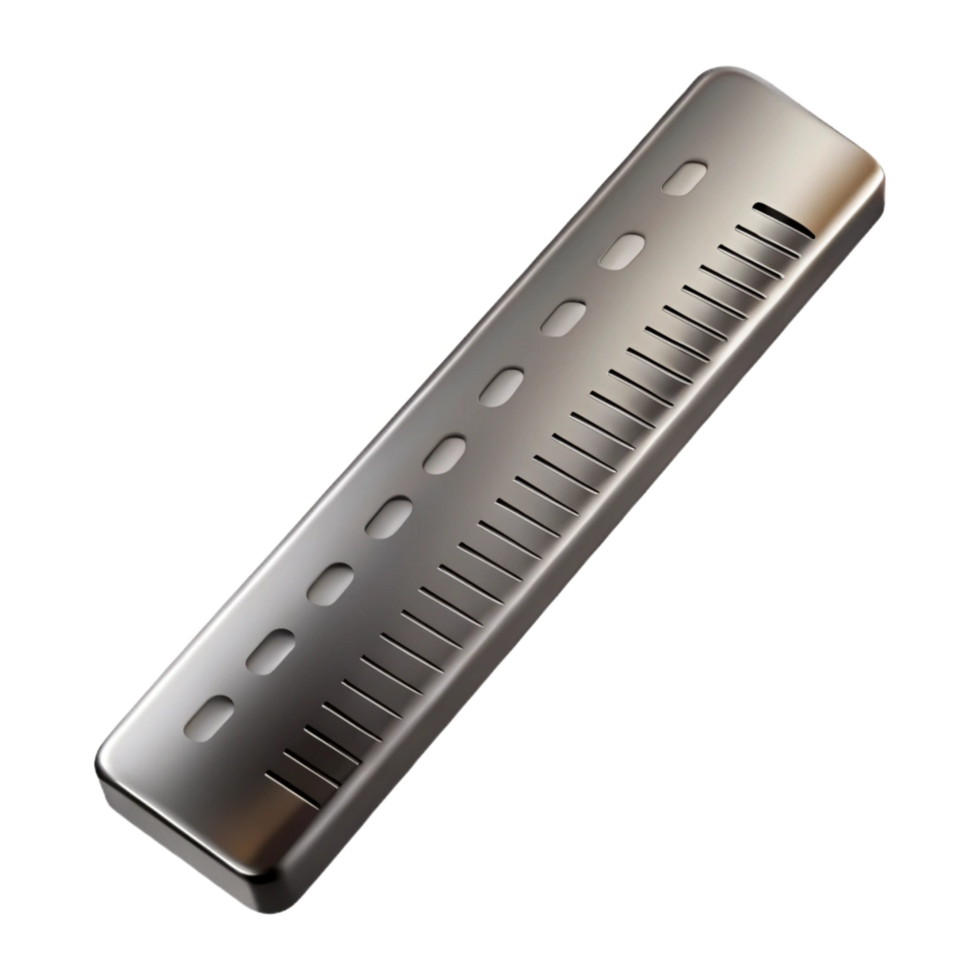 extraordinary elegant Ruler, stainless steel, metric animperial markings, top-down view, studio lighting, product shot, isolateon transparent background,high-resolution product photography premium png