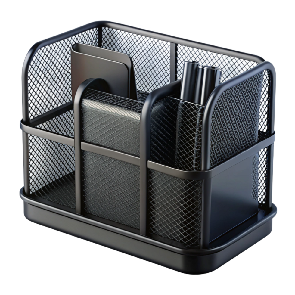 elegant notable Desk organizer, black mesh metal, empty compartments, front view, studio lighting, product shot, isolateon transparent background,high-resolution product photography png