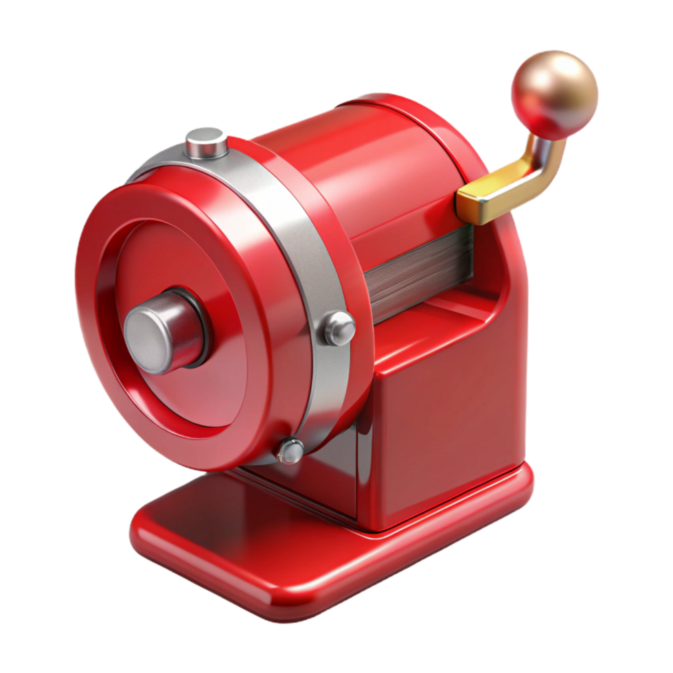 beautiful reflective nordic Pencil sharpener, metallic red, hancrank, front view, studio lighting, product shot, isolateon transparent background,high-resolution product photography artisan png