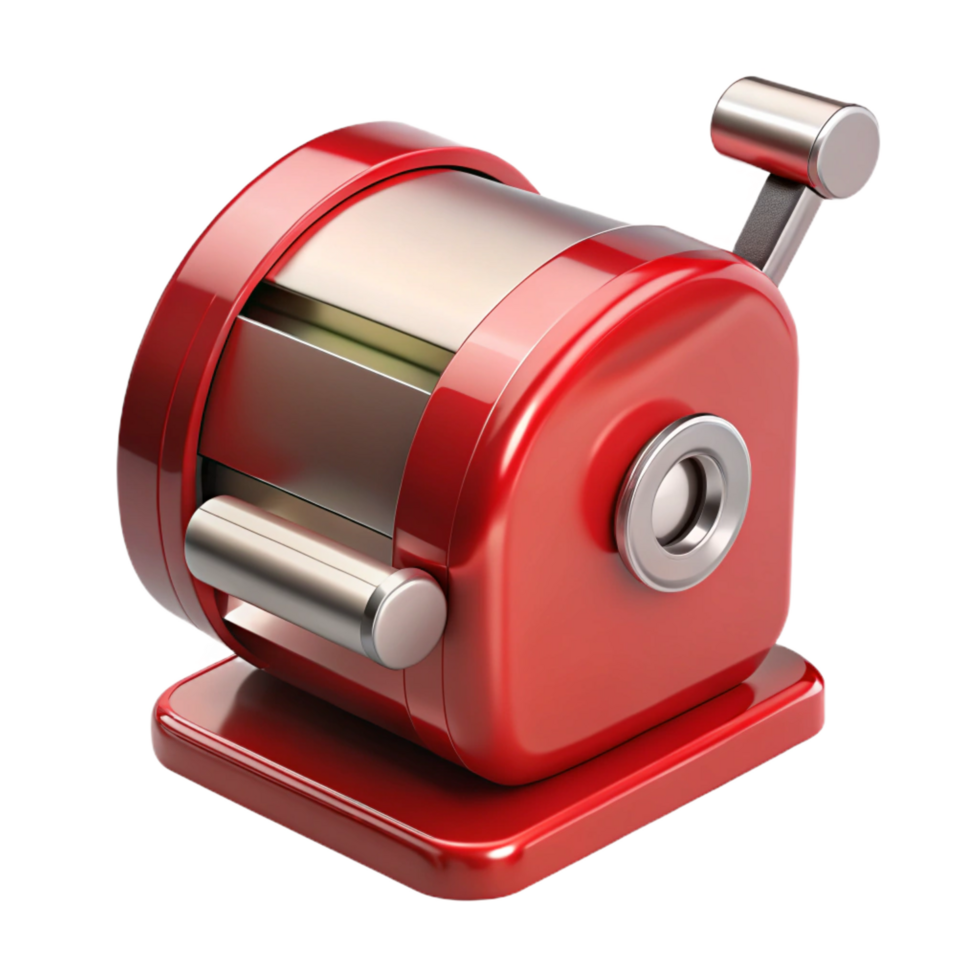 romantic spectacular Pencil sharpener, metallic red, hancrank, front view, studio lighting, product shot, isolateon transparent background,high-resolution product photography handcrafted png